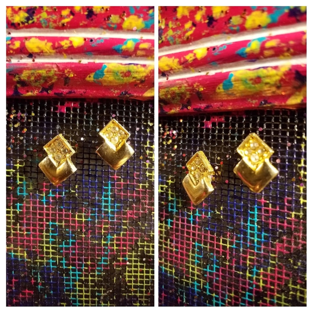 Pair small square gold tone earrings